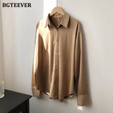 New Chic Women Satin Shirts Long Sleeve Solid Turn Down Collar Elegant Office Ladies Workwear Blouses