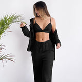 Satin Pajamas For Women 3 Piece Set Turn Down Collar Long Sleeve Tops Bra Female Sets With Pants Solid Home Wear