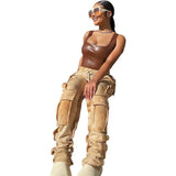 Stacked Pants Pockets High Waist Tie Dye Flare Trousers Streetwear Patchwork Joggers Women Winter Bell Bottom Cargo