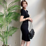 Han Queen Autumn Vintage Elastic Knitted Dresses Elegant Office Work Vestidos Sheath Bodycon Split Party Women Pencil