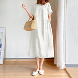 New Leisure Spring And Summer Loose Skirt Short Sleeve Round Neck Solid Cotton Linen