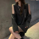Korean Style Solid Hoodie Women Streetwear Grey Hollow Out Open Shoulder Pullovers O-neck Goth Punk Sweatshirts