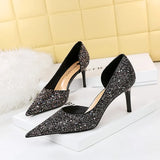 Zingj Sexy Nightclub Show Thin Department With High Heel Shallow Pointed Side Hollow Shining Sequined Single