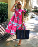 Oversized Patchwork Dress Women's Elegant O-Neck Ruffle Sleeve Midi Dresses Summer Female A Line Ruffled Sundress