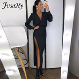 Elegant Solid Maxi Dress for Women Fashion Long Sleeves V-Neck High Side Slit Slim Dress Casual Streetwear Mujer