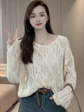Zingj Lazy Wind Hollow Out V-Neck Sweater Female Spring And Summer 2024 New Fashion Versatile Show Thin Long-Sleeved