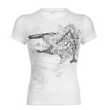 Zingj Graffiti Star Print Bottom Shirt T-Shirt Women's Round Collar Slim Short Sleeve Thread Knit Casual