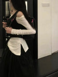 Spring Slim Fit Two Pieces Set Women Grunge Solid Pleated Split Tops + Sleeveless Solid One Shoulder Vest Y2k