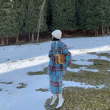 Hot Girl Retro Elegant Suit Women's Winter Lapel Woolen Jacket Plaid Long Skirt Two-piece Set Fashion Female