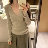 Wind Black Thin V-Neck Knitted Sweater Women's Autumn And Winter New Ins100 Long-Sleeved