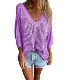 For The New T-Shirt Women's Hollow Long-Sleeved Knitted Shirt Languid Style Design V Collar Sunscreen Sexy