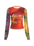 Patchwork Printed Mesh Long Sleeve Crop Top- Outfit