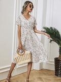 Printed Casual Beach Midi Dresses Women Summer V-neck Short Sleeve Empire Waist A-Line Dress Sundress Vestido Robes