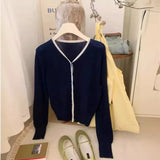 Gentle Little Gold Bean Buckle Hit Color V-Collar Knitted Cardigan Women's Spring Leisure Outfit Shows Thin Korean Style