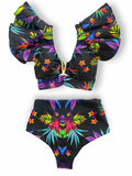 Sexy Ruffle Bikinis Women Swimsuit Print High Waist Swimwear Off The Shoulder Bathing Suit Beachwear Bandeau