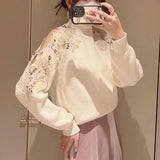 Japanese Pullovers 2022 Early Spring New Women Sweater Fashion Half Turtleneck Off Shoulder Embroidery Printing