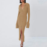 LongSleeve Bodycon Knitted Maxi Sweater Long Dress Lady Elegant Female Turn Down Collar Midi Split Slim Dresses