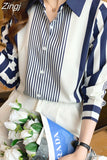 Women's Shirt Blue Striped Blouses for Women Long Sleeve Top Women Button Up Polo Neck Clothes Female 2023 Fashion Leisure