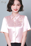 Women Shirt Embroidered Womens Tops Satin Short Sleeve Blouse 2023 Summer Fashion Female Clothing Casual Shirts for
