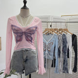 Shot Micro-Permeable Mesh Butterfly Print Splicing Lace Hanging Neck Horn Long-Sleeved T-Shirt Repair Short Top