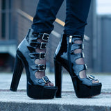 Onlymaker Women's Platform Buckle Belts Chunky 15~16cm Round Heel Peep Toe Black and Red Fashion Zipper Sandals For