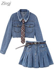 Suit Women's Autumn Temperament Fashion 2023 New Korean Style Long Sleeve Blue Denim Jacket + High Waist Pleated Denim