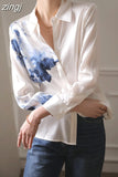 New Vintage Ink Printing Chiffon Shirt Turn-down Collar Long Sleeve Satin Blouse Women Summer Korean Style Casual