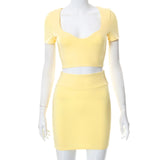 Summer Skirt Suit Women Solid Color Short Sleeve Shirt Square Neck Crop Top Mini Skirt Tracksuit Casual 2 Piece Set