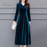 2021 Autumn Vintage Women Midi Party Dress Long Sleeve Burgundy Black Velvet Dress Plus Size 3XL 4XL 5XL