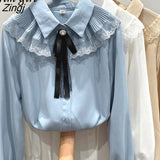 Sweet Chiffon Shirt For Women Korean Style Lace Up Peter Pan Collar Blouses Elegant Office Work Long Sleeve Ladies