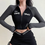 Spring / Summer Women's Wear Ins Style Street Retro Work Clothes Printed Zipper Collar Slim Long-Sleeved
