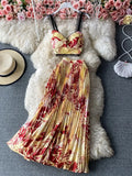 Vacation Beach 2pcs Set Women Floral Printed Short Strapless Tops And High Waist Pleated Long Skirt Suit Spring