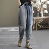 Spring New Arts Style Women Elastic Waist Patchwork Stripe Cotton Denim Harem Pants All-matched Casual Loose Jeans