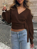 V-Neck Knitted Shirt Autumn And Winter Irregular Strap Elegant Short Top