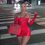 Women Faux PU Leather Sexy Skinny Mini Dress With Sleeve Midnight Club Partywear Bodycon Backless Wrap Chest