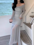 Mesh Long Sleeve Midi Dresses for Women 2023 Autumn Fashion Vintage Slim Party Sexy Evening Vestidos Female Clothes