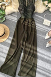 Women Hollow Out Lace Romper Female Black/Yellow/Red Round Neck Sleeveless High Waist Patchwork Wide Leg Jumpsuits