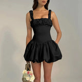 French Fashion Shrunken Pleated Fluffy Dress 2024 Summer New Suspender