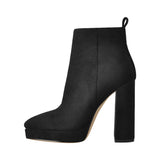 Onlymaker Women Ankle Boots Pointed Toe Black Matte Flock12CM Chunky Heel Platform Booties Party Shoes Large Size Short