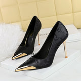 Zingj National Style Women's Shoes High Heels Silk Thin Heel Shallow Metal Pointed Head Satin Banquet High Heel Singles