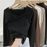 Velvet Bottomed Blouse Women's Autumn And Winter New Design Sense Minority Square Collar Irregular Sanding Western Style Slimming