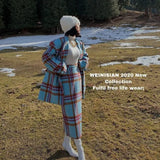 Hot Girl Retro Elegant Suit Women's Winter Lapel Woolen Jacket Plaid Long Skirt Two-piece Set Fashion Female