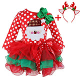 Dot Baby Girl Christmas Santa Dress Cartoon Snowman Print Tutu Red Long Sleeves Toddler Xmas Party Dress New Year