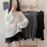 Zingj Spring And Summer New Korean Version Loose Hollowed-Out Sweater Pullover V-Collar Long-Sleeved Blouse Popular Style For