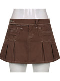 Pleated Mini Denim Skirt Women High Waist A Line Brown Micro Skirt Femme Girls Hot Jeans Skirts Grunge Bottom