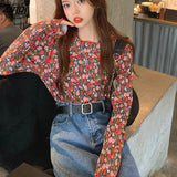 Women Floral Vintage Long Sleeve Basic Chic All-match Tee Folds O-neck Female Retro Tops Spring Autumn Chiffon