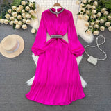 Light And Extravagant Miyake Pleated Long-Sleeved Diamond-Encrusted Vertical Collar Waist Showing Thin Bright Face A-Shaped Dress