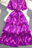Women Vintage Tie Dye Printed Ruffle Pleated Long Dress Purple/Red/Blue/Green Stand Collar Single Breasted Maxi Robe