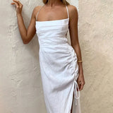 Backless Sexy Beach Party Dress Women Spaghetti Strap Drawstring Ruched Long Dress Cross Bandage Bodycon Summer Dress