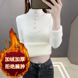 Zingj Velvet Soft Waxy Sweater Female Winter Add Velvet Warm Half Turtleneck Bottom Shirt Female Design Sense Simple Inside The